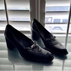 Vintage Via Spiga Black Leather Loafers with Silver Accent